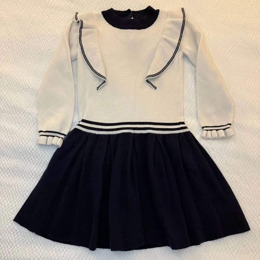 Hope & Henry | Ivory Navy Knit Dress | Ruffle Trim and Mock Neck | Girls 5
